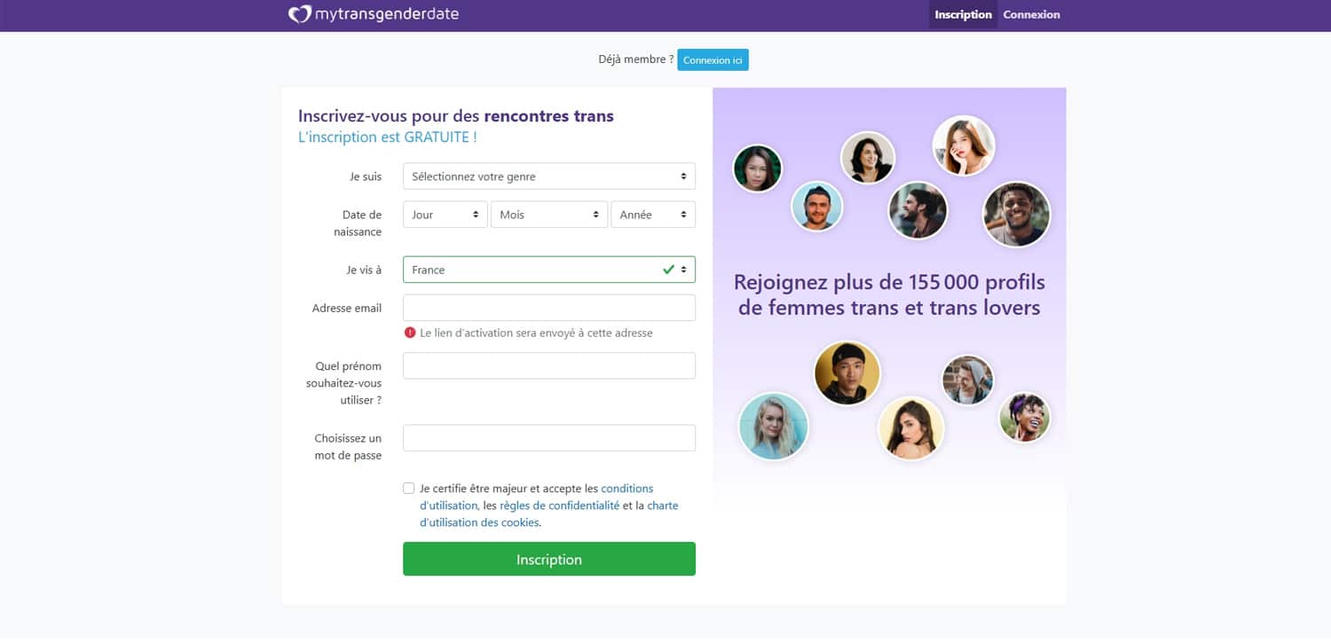 Inscription sur MyTransgenderDate